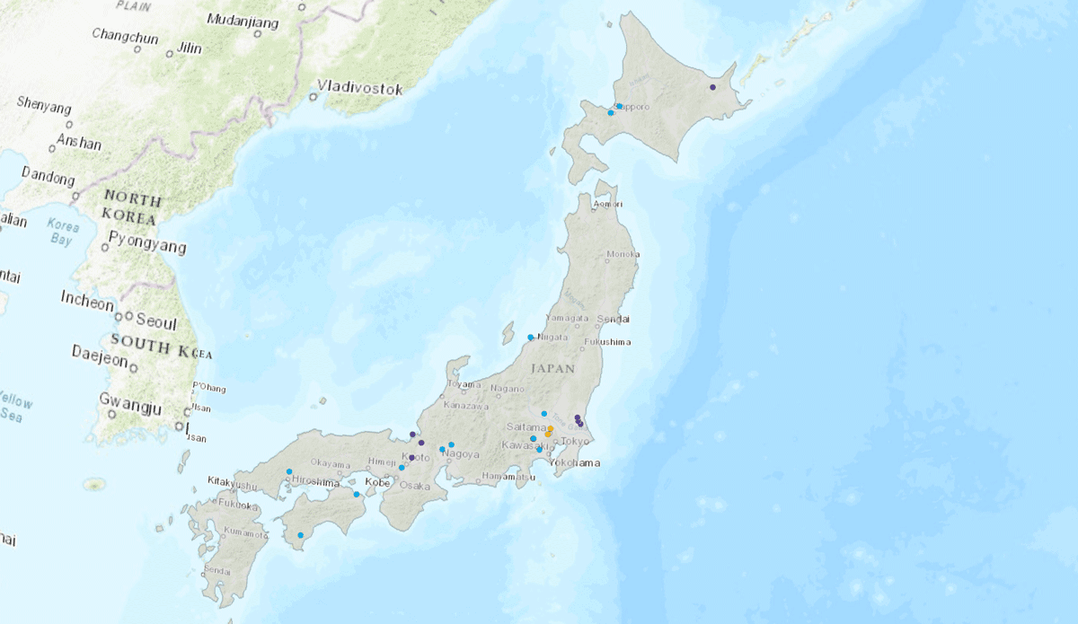 Map of Japan showing for which stations new data was added to GEMStat in January 2020.