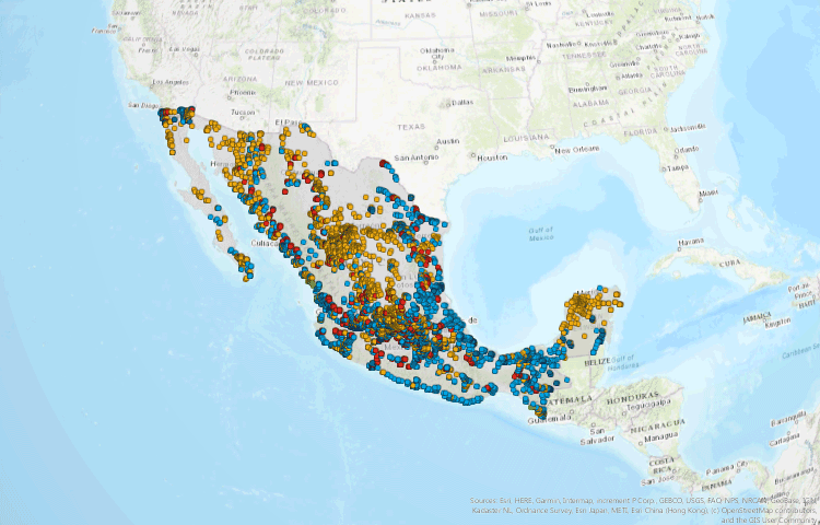 Map of Mexico showing for which stations new data was added to GEMStat in September 2020.