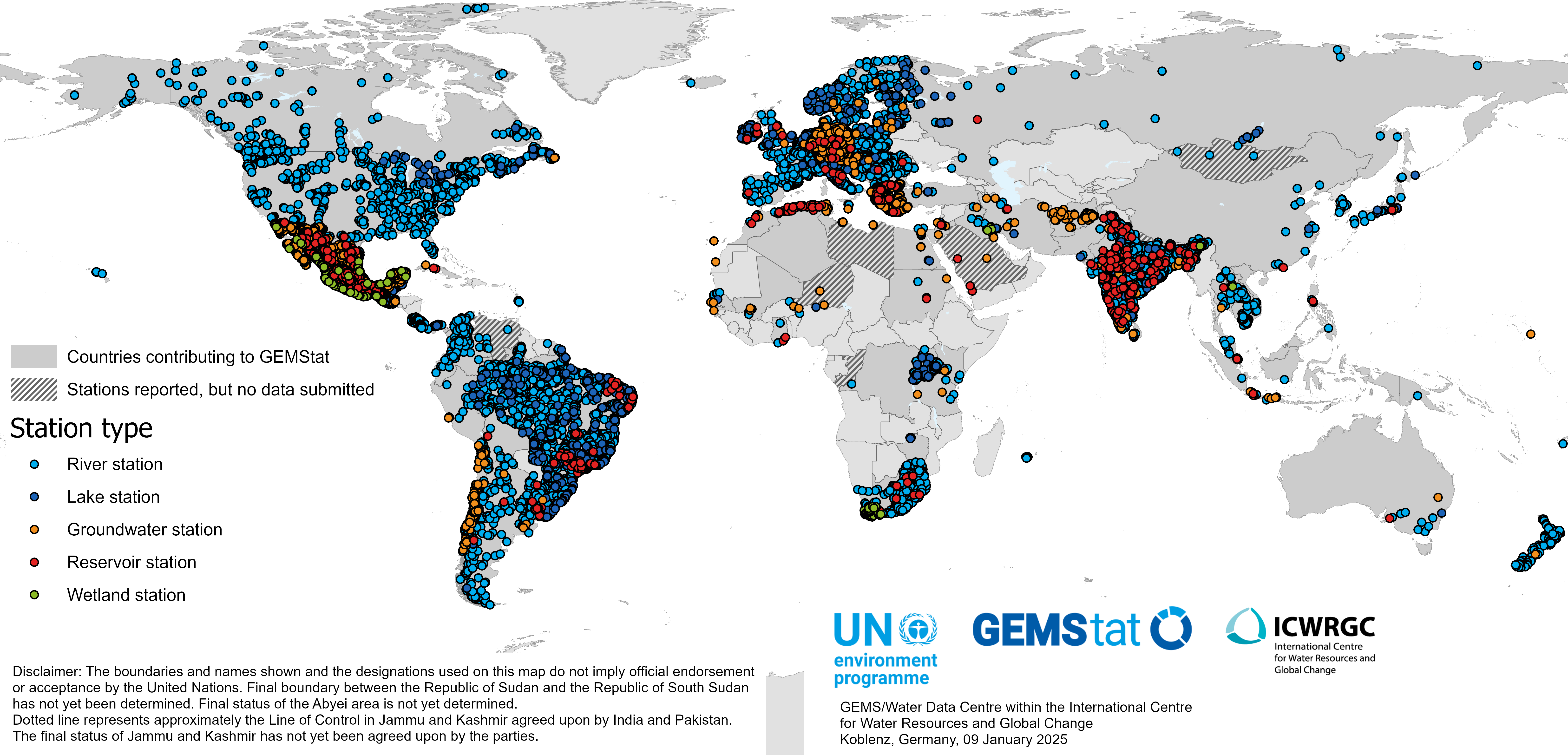 Global map of GEMStat water quality stations, as per January 2025