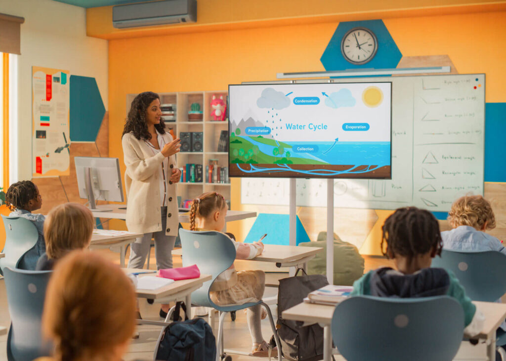 A teacher is talking about the water cycle in front of a class of school children